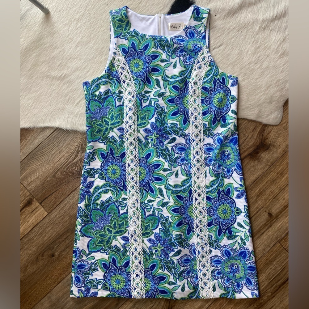 Eliza J dress with a vibrant blue and green floral pattern